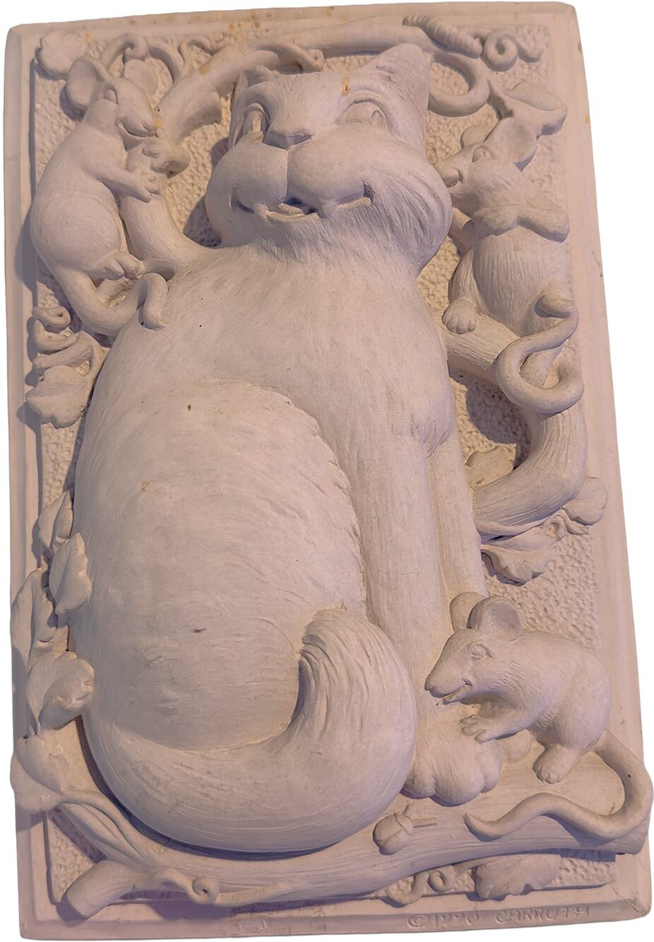 Carruth Studio Vintage Large 10" x 7" Hand-Sculpted Stone Cat Plaque Wall Decor